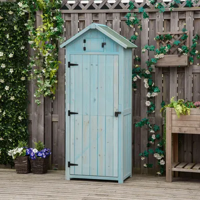 Produktbild von Sweiko Gartenschrank Holz, Geräteschuppen wetterfest 77x54,2x179cm, Gerätehaus mit Tür, Satteldach, Geräteschrank mit Böden, Werkzeugschrank Gartenschuppen für Garten, Terrasse, Hellblau+Grün