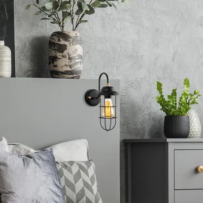 Obrázok produktu pre Opviq, kovová nástenná lampa, čierna a zlatá, 12 x 25 x 32 cm | Pätica E27, max. 40 W, IP20 | Elegantný industriálny dizajn pre moderné interiéry.