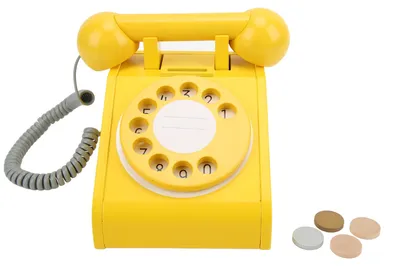 Obrázek produktu pro Dětský simulační telefon, růžový, staromódní, otočný číselník, retro design, dřevěný telefon, žlutý
