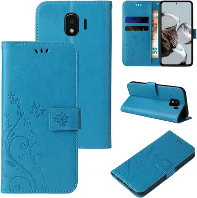 Produktbild von Handyhülle für Samsung Galaxy J4 Floral Blumen Schmetterling Flip Cover Hülle Case Klapphülle Handytasche Farbe: Blau