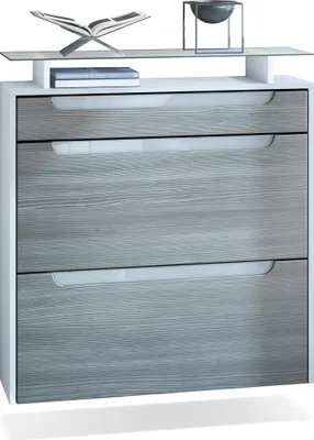 Produktbild von Vladon Schuhschrank Annie, Schuhkipper für 16 Paar Schuhe mit 2 Klappen, 1 Schublade und Glasablage, Weiß matt/Avola-Anthrazit/Weiß Hochglanz (89 x 96 x 23 cm)