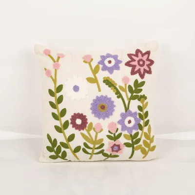 Produktbild von Kissen Blumen Chenille wollweiß grün rosa lila 45x45 cm