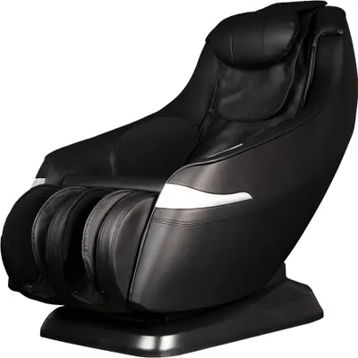 A black massage chair is shown against a white background.