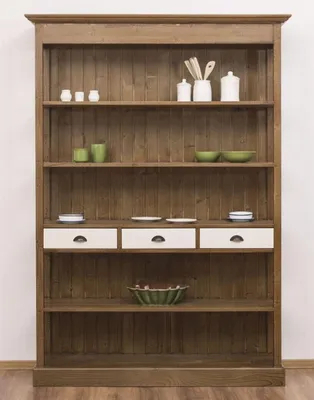 Produktbild von Casa Padrino Landhausstil Regalschrank Braun / Weiß 140 x 39 x H. 197 cm - Landhausstil Schrank mit 3 Schubladen - Massivholz Küchenschrank - Landhausstil Möbel
