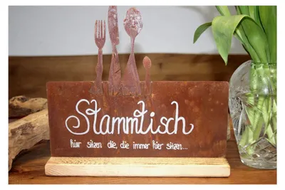 Produktbild von Tischaufsteller Stammtisch - Metall Edelrost auf Holz, Breite 30 cm, Höhe 30 cm