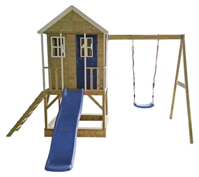 Image de Wendi Toys Maison en bois sur pilotis Alpaga avec toboggan, balançoire et bac à sable Nature 290x350x242 cm