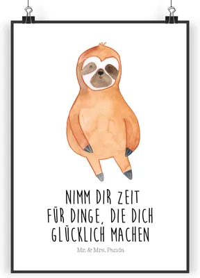 Produktbild von Mr. & Mrs. Panda Bild Faultier Zufrieden DIN A4 - Weiß - Geschenk, Wandbild, Glück, Pause, Frieden, drucke, Plakat, wanddeko, Kunstdruck