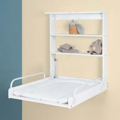 Immagine prodotto di ROBA Wall-Mounted Folding Changing Table - Waterproof Mattress Included - 2 Integrated Shelves - White Lacquered Wood