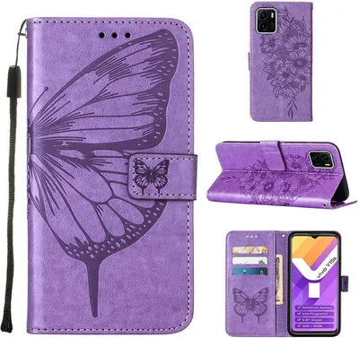 Immagine prodotto di VIVO Y15S 2021 Case, Farfalla Rilievo Flip Custodia in pelle con tasca per carte e stand per VIVO Y15S 2021 / Y15A Viola