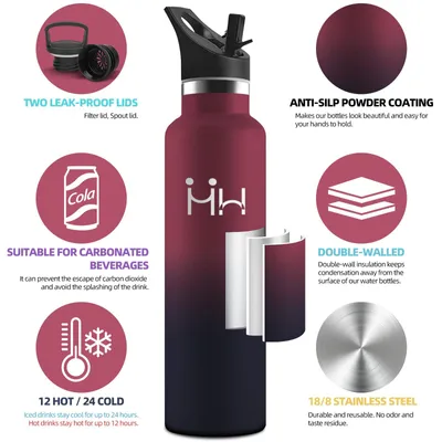 Produktbild von Trinkflasche Edelstahl 1l, Auslaufsicher, Thermosflasche Schwarz Rot, Isoliert