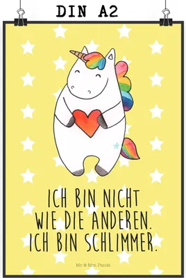 Produktbild von Mr. & Mrs. Panda Bild Einhorn Herz DIN A2 - Gelb Pastell - Geschenk, böse, drucke, Bunt, Lustig, Plakat, wanddeko, Einhörner, Kunstdruck, Unicorn