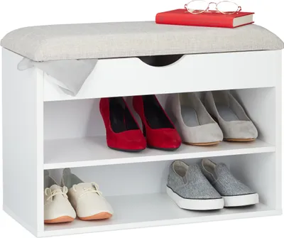 Image de Banc à chaussures Relaxdays, banc de vestiaire rembourré, 3 compartiments, rabattable, étagère à chaussures avec assise, 45 x 62 x 30 cm, blanc