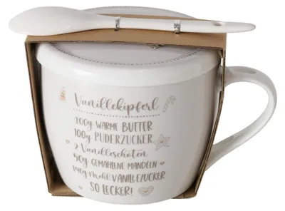 Obrázok produktu pre Porcelánový hrnček s viečkom a lyžičkou, BAKERY, 600 ml