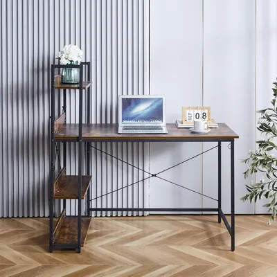 Produktbild von Lina® Computertisch, im Industrie Design, aus Holz, 120x60x75cm, Bürotisch, Holz + Regal Schreibtisch, für Wohnzimmer, Büro mit 3 ablagen - Braun