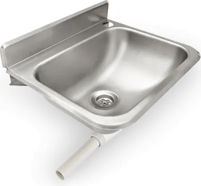 A stainless steel handwashing sink mounted on a wall with a drain pipe attached.