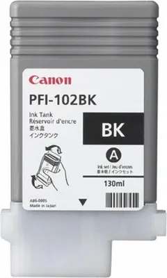 A Canon PFI-102BK ink cartridge.