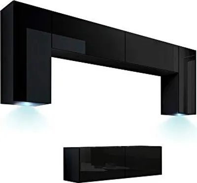 Produktbild von Furnitech Wohnwand Wohnzimmer - Wohnzimmer Möbel mit LED Weiß - Hängend Wohnwand Modern - Wohnzimmer Schrankwand mit Regale und TV Schrank (Future C2/HG/B1 1B)