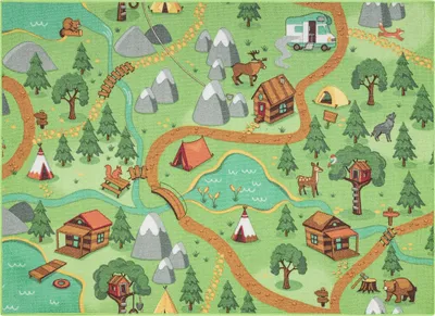 Produktbild von REBEL ROADS TEPPICH Wild life 90 Wald, Tiere rutschfest für Kinder - grün Grün 95x133 cm