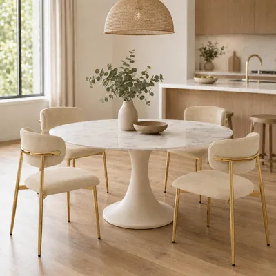 Immagine prodotto di Set di 4 sedie da pranzo Flieks, con struttura dorata regolabile in altezza, imbottite, ideali per la sala da pranzo o la cucina. Dimensioni: 51x50x81 cm. Colore: marrone e oro
