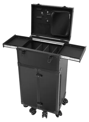 Produktbild von Kosmetik-/Schminkkoffer auf Rollen - Trolley - 4 ausziehbare Schubladen - 6 Universalrollen - Aluminium & ABS - Faltbar & erweiterbar - Schwarz