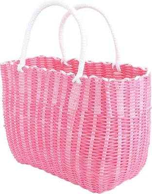 Produktbild von Famanu Einkaufskorb Tragbarer geflochtener Kunststoffkorb - Damen Shopper Picknickkorb Strandtasche - Tragkorb Gemüse Obst Aufbewahrungskorb - Rosa