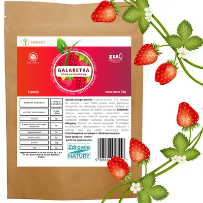 Zdjęcie produktu dla Sansei galaretka Bez Cukru POZIOMKA aż 5 porcji w 35g KETO FIT FIT KETO bez glutenu, bez tłuszczu, bez węglowodanów tylko 9,5 kcal porcja