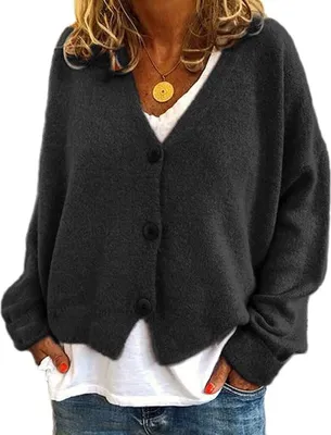 Produktbild von ASKSA Damen Strickpulli Lose Lässige Strickjacken V-Ausschnitt Einfarbig Knopf Strickjacke Pullover, Schwarz, S