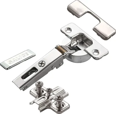 A set of cabinet hinges and mounting hardware, laid out on a white background.