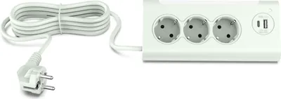 A white power strip with three European-style outlets and two USB ports, connected to a white power cord with a European plug.