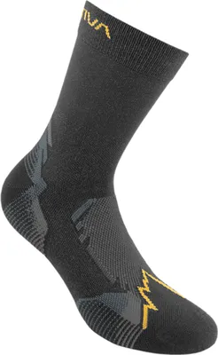 Schwarze Wandersocke von La Sportiva mit grauen und gelben Designelementen.