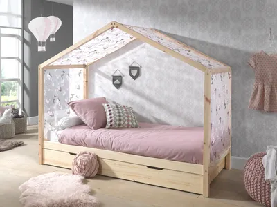 Produktbild von Vipack Dallas 3 Hausbett 90 x 200 cm Liegefläche inkl. Bettschublade und Textilhimmel, Natur