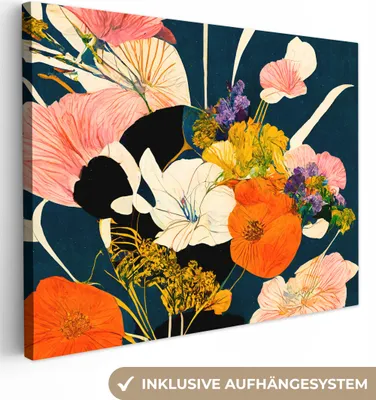 Produktbild von MuchoWow® - Leinwandbilder - Blumen - Vase - Malerei - Pflanzen, Wandbild, Wanddeko Bilder Wohnzimmer, 80x60 cm