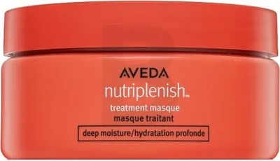 A close-up front view of an orange hair treatment masque jar.