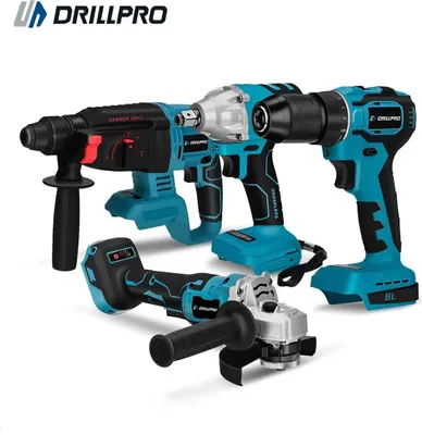 Immagine prodotto di Set di utensili elettrici - 4 in 1 - Avvitatore a impatto/Smerigliatrice angolare da 125 mm/Trapano da 13 mm/Martello perforatore - 18 V - Senza spazzole - 2 batterie - Spina UE - Oro