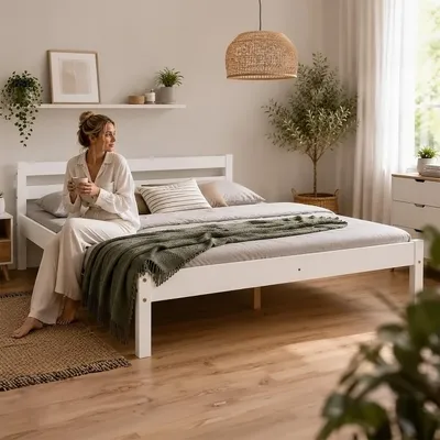 Produktbild von Homestyle4u Holzbett 140x200 Doppelbett Bett mit Lattenrost Weiß Kiefer Massivholz