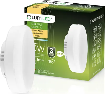 Produktbild von LUMILED GX53 LED, 8W žiarovka so svetelným tokom 720 lúmenov, 3000K teplá biela žiarovka, nahrádza 60W halogénové žiarovky, 120° uhol vyžarovania LED svetelný zdroj energeticky úsporná žiarovka