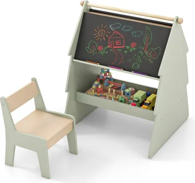 Produktbild von 2 in 1 Kinder Staffelei mit Stuhl in Baumform Doppelseitige Standtafel mit Kreidetafel & Whiteboard
