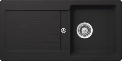 A top-down view of a black kitchen sink with a drainer.