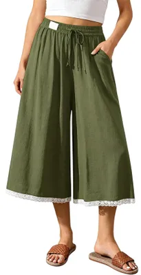 Produktbild von ASKSA Damen Caprihose Leinen Weites Bein 3/4 Hose Sommer Elegant Casual Leicht Freizeithose mit Taschen (Armeegruen,XL)