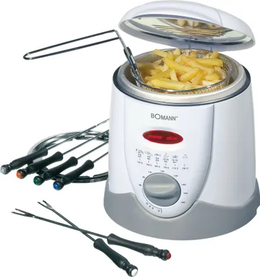 Produktbild von Bomann 2in1 Fondue-Fritteuse FFR 1290 CB inkl. 6 Fonduegabeln, Bedienfeld mit Kontrolldisplay, Cool-Touch-Gehäuse, 1 Liter Öl/Fett, 840 Watt, weiß