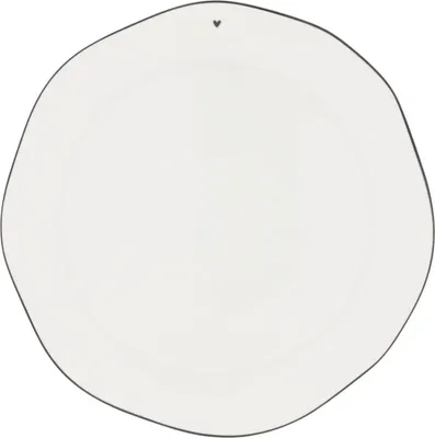 A single white plate with a black rim and a small black heart at the top.