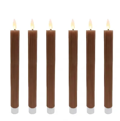 Produktbild von Relaxdays LED Stabkerzen, 6er Set, HxD: 25 x 2 cm, flackernde Flamme, Echtwachs, mit Rillen, flammenlose Kerzen, coffee