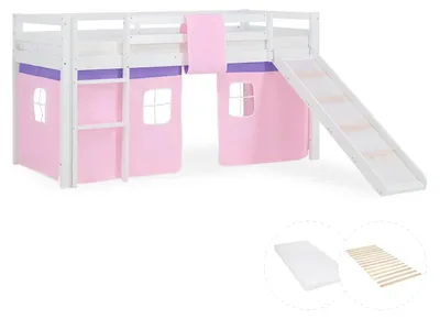 Obrázek produktu pro Hochbett mit Matratze 90x200 cm Rutsche Stockbett Kinderbett Leiter Holz Kiefer Vorhang rosa Lattenrost
