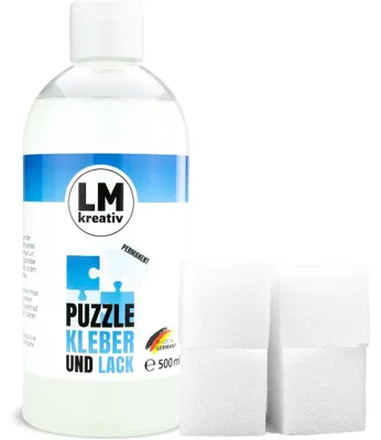 Produktbild von LM-Kreativ Puzzle Kleber & Lack 500 ml, transparent, inkl. 4 Schwämmchen