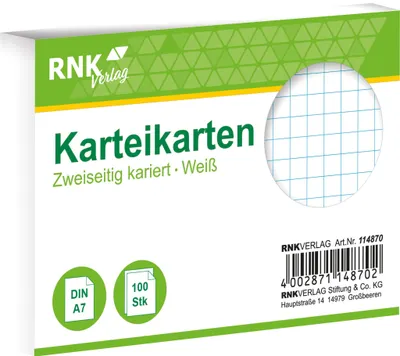 Obrázok produktu pre RNK Verlag 114870 Indexové karty - DIN A7, šachovnicové, biele, 100 kariet