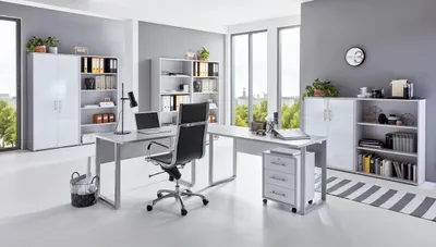 Produktbild von BMG Möbel Homeoffice Büromöbel Komplettset Office Edition Set 7 in lichtgrau / weiß matt  Germany