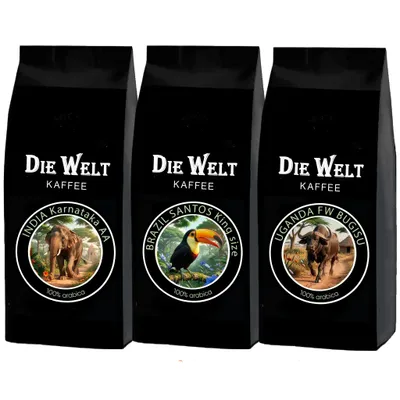 Produktbild von Die Welt Kaffee Set Brasilien, Uganda, Indien Kaffeebohnen 3x1000g