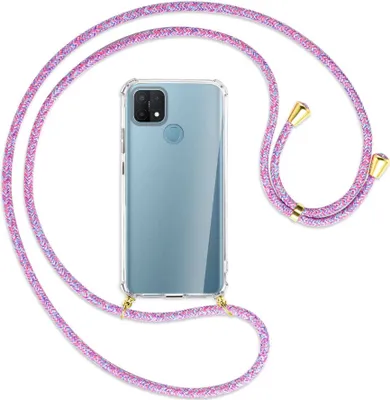 Produktbild von Handykette Backcover-Schutzhülle mit Band (Metall goldfarben) für Oppo A15 - lila/rosa/blau
