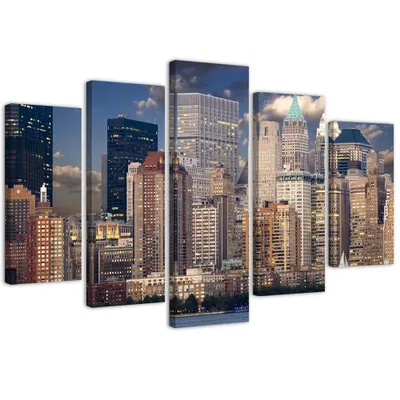 Produktbild von 5-teiliges leinwandbild wolkenkratzer von new york 200x100 cm Feeby blau wandbild bereit zum aufhängen