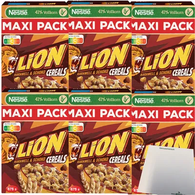 Produktbild von Nestle Lion Cereals Karamellschoko Cornflakes 41% Vollkorn 6er Pack (6x675g MAXI Packung) + usy Block